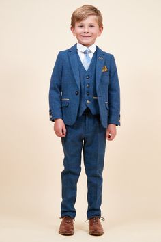 DION - Childrens Blue Tweed Check Three Piece Suit Blue Tweed Suit For Work, Blue Tweed Suits For Work, Fitted Blue Tweed Suits, Classic Blue Tweed Suit, Blue Tweed Suit With Notch Lapel, Blue Tweed Suits With Notch Lapel, Blue Tweed Suits, Blue Tweed, Paisley Tie