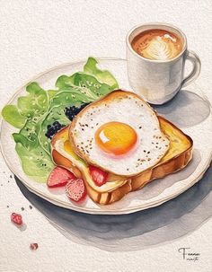 a painting of an egg and toast on a plate next to a cup of coffee