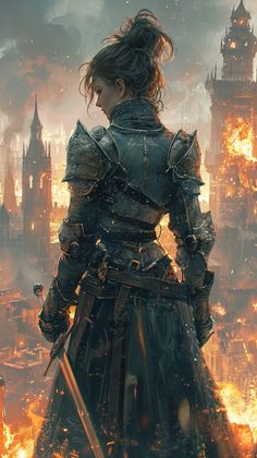 a woman in armor standing on top of a fire filled city with buildings behind her