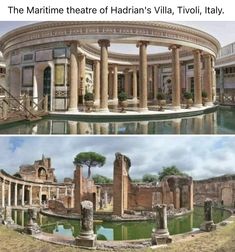 two pictures of the inside and outside of an ancient building, one with columns in it