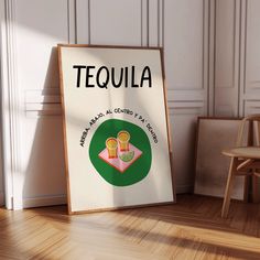 there is a sign that says tequila and two glasses on the table in front of it