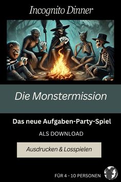 an advertisement for a party with skeletons and witches around a campfire in the woods