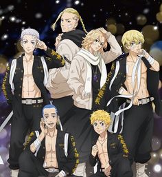 an anime poster with the main characters in black and white outfits posing for a group photo