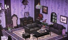 a living room with purple walls and furniture