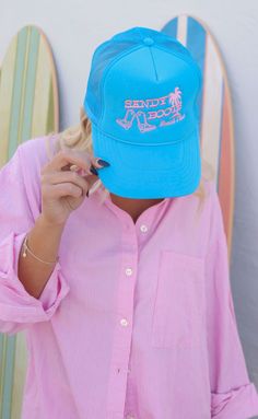 If you're a part of the Sandy Boots Beach Club, you need this trucker hat. We love the pretty blue and pink color way!

ALL HATS ARE FINAL SALE! Trendy Blue Trucker Hat For Vacation, Fun Blue Trucker Hat For Vacation, Casual Pink Trucker Hat For Beach, Blue Trucker Hat For Spring Vacation, Casual Pink Trucker Hat For The Beach, Pink Casual Trucker Hat For Vacation, Casual Pink Trucker Hat For Vacation, Pink Trucker Hat For Beach Season, Pink Fun Trucker Hat For Beach Season