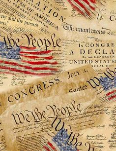 an american flag and declarations on parchment paper with the words, we the people