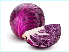 two purple cabbages cut in half on a white background