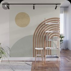 an abstract wall mural with circles and lines in grey, gold and white colors on a neutral background