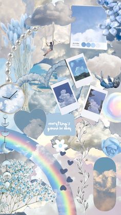 a collage of clouds, flowers and pictures