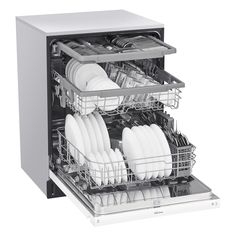 an open dishwasher with dishes in it