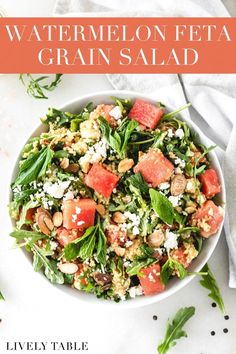 watermelon and feta grain salad in a white bowl with text overlay