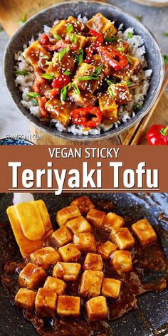 there is a plate with tofu and rice on it, and the title says vegan sticky teriyaki tofu