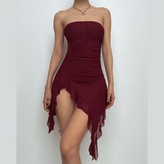 Sheer mesh ruffle ruched tube mini dress Tube Dress Outfit, Victorian Gothic Dress, Red Wine Dress, Tube Mini Dress, Winter Ball, Sheer Mesh Dress, Mini Tube Dress, Cami Maxi Dress, Prom Ideas