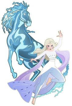 a drawing of a girl and a blue horse on a white background with text below it