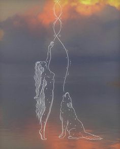 a drawing of two people and a dog on the water with clouds in the background