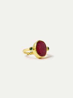 Let your fingers take center stage with this captivating red stone ring. Crafted with an adjustable gold band, this cocktail ring is hand-set with an oval shaped ruby semi-precious stone and petite green cubic zirconia gems. Kemp Ring, Modern Harry Potter, Ruby Cocktail, Aegon Ii Targaryen, Hand Jewelry Rings, Aemond Targaryen, Red Stone Ring, Friendship Rings, Evil Eye Ring