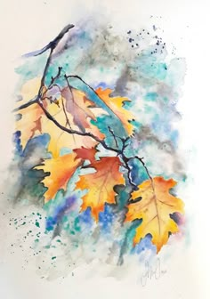 a watercolor painting of leaves on a branch