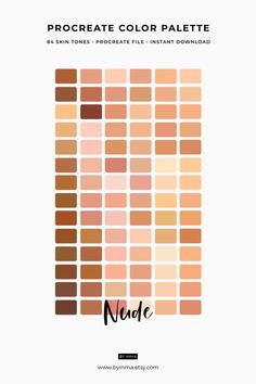 the color palette is shown in shades of brown, pink and orange with text that reads procreate color palette