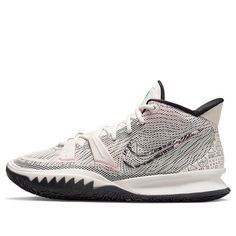 the nike zoom flyknit basketball shoe is white and black with pink accents