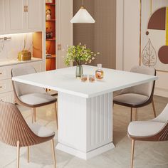 a white table surrounded by four chairs in a room with beige walls and flooring