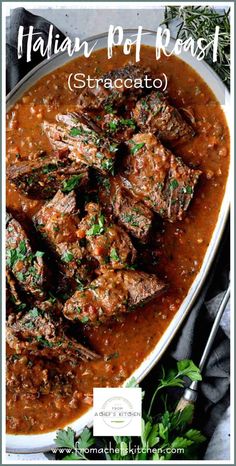 the recipe for italian pot roast is in a white bowl with garnishes