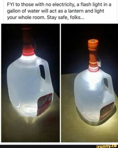 two pictures of a plastic bottle with an orange cap on it and the caption says, fly to those with no electricity, a flash light in a gallon of water will act as a lantern and