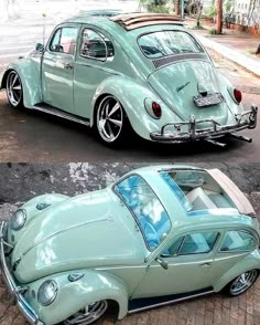 two old cars parked next to each other on the street