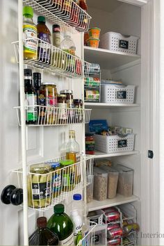 an organized pantry with lots of food and condiments