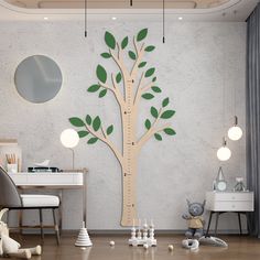 a child's room with a large growth chart tree on the wall and toys