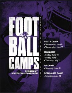 the poster for foot ball camps is shown in black and purple colors, with an image of a football player holding a helmet