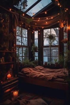 a bedroom with lights strung from the ceiling and plants on the windows sill above it