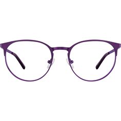 These contemporary round glasses are a fun choice for everyday glasses. The medium-narrow metal eyeglasses features a keyhole bridge and is available in the following colorways: matte black metallic red pink and metallic purple. Acetate temple tips and adjustable nose pads provide a comfortable wear. | Zenni Women's Round Prescription Eyeglasses Purple Stainless Steel Pink Round Glasses, Artsy Vibe, Glasses For Round Faces, Purple Glasses, Everyday Glasses, Metal Eyeglasses, Round Eyeglasses Frames, Diamond Face Shape, Rim Design