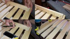 four pictures showing how to make a diy bed frame with plywood and glue