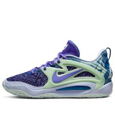 the nike zoom zoom basketball shoe in purple and green is on sale for $ 99