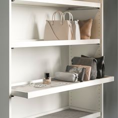 several purses and handbags are sitting on the shelves next to eachother