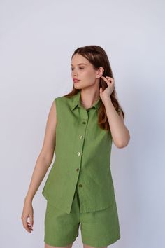 Linen sleeveless shirt with collar and buttoned all front down. Simple street style top for your daily wear, fabulous for the office wear, comfortable for the evenings and holidays adventures. Could be versatile matched with shorts, tapered pants, palazzo wide leg trouser, with skirts- wide ot fitted  shapes. ITEM DETAILS: - Sleeveless fitted at shoulders form - Shirt collar with stand - Buttoned down front with shell buttons - Slightly nice expressed waist line - Center back length - 23.5" (59 Sleeveless Cotton Shirt For Daywear, Goth Cowboy, Style Cowboy Boots, Simple Street Style, Blouse With Collar, Linen Vest, Shirt With Collar, Edwardian Style, Bolo Ties