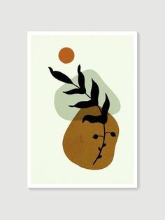 a poster with an orange and leaves on it's head, against a white background