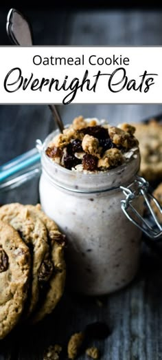 oatmeal cookie overnight oats in a glass jar with cookies around it