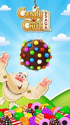 the game candy crush has an image of a sheep flying over some colorful candies