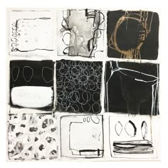 an abstract painting with black, white and gold colors on it's squares in different sizes