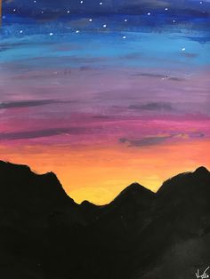 an acrylic painting of mountains at sunset