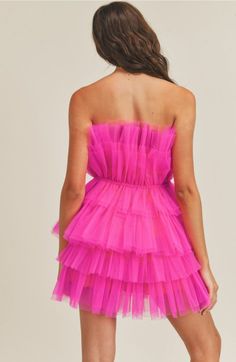 Organza ruffle tube mini dress. Lining. Side invisible zipper. SELF: 100% NYLON, LINING: 94% POLYESTER 6% SPANDEX Tube Mini Dress, Hot Pink Mini Dress, Frill Mini Dress, Tulle Mini Dress, Mini Tube Dress, Pink Homecoming Dress, Pink Mini Dress, Rose Bonbon, Grade 8