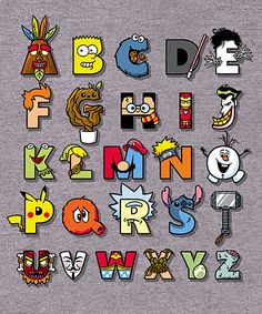 the letters are made up of cartoon characters