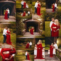 a collage of photos shows a pregnant woman in a red dress and man in white shirt hugging her belly