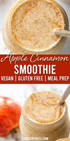 an apple cinnamon smoothie in a mason jar with the recipe title on top and bottom