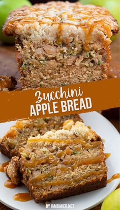 one image shows a cross-section of the apple bread on a wooden countertop in front of some green apples. The second image shows two pieces drizzled with caramel on a white plate. Zucchini Apple Bread, Cinnamon Zucchini Bread, Apple Zucchini Bread, Apple Zucchini, Easy Impressive Dessert, Spiced Zucchini, Peanut Butter Bread, Apple Coffee Cakes, Bread Puddings