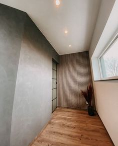 an empty room with wood floors and a plant in the corner on the far wall