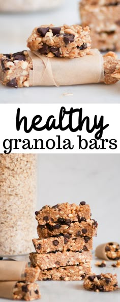 granola bars stacked on top of each other with text overlay that reads healthy granola bars