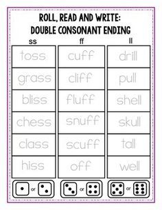 roll, read and write double consonant ending worksheet with dices