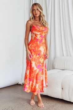 Shop the Well Versed Pleated Bust Front Split Dress Flora Orange | Selfie Leslie Orange And Pink Bridesmaid Dresses, Cuban Dresses, Cuban Dress, Pink Beach Dresses, Light Floral Dress, Tan Strappy Heels, Front Split Dress, Rehearsal Dinner Outfits, Orange Details